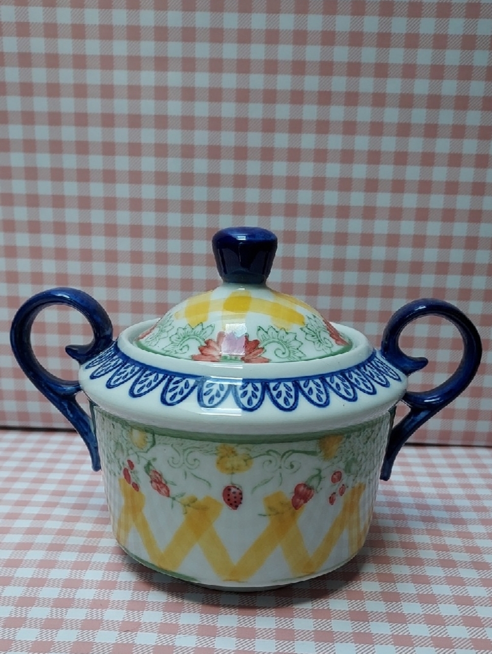 Blue Yellow Strawberry Hand Painted Ceramic Set Pitcher Sugar Bowl Creamer Mug - Picture 7 of 10